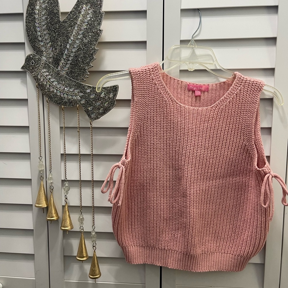 Girls Pink Knit Sleeveless Tie-Side Sweater Vest